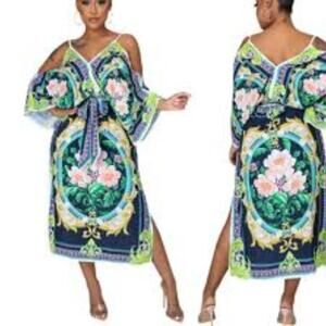 HER...BOTTARI  Navy Green Multi Color Print Wide Sleeves Maxi Dress Size Small